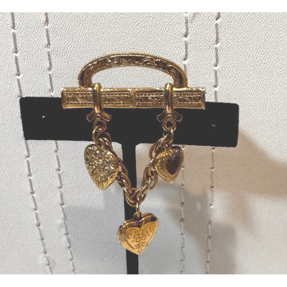 vintage heart locket dangle brooch pin gold tone